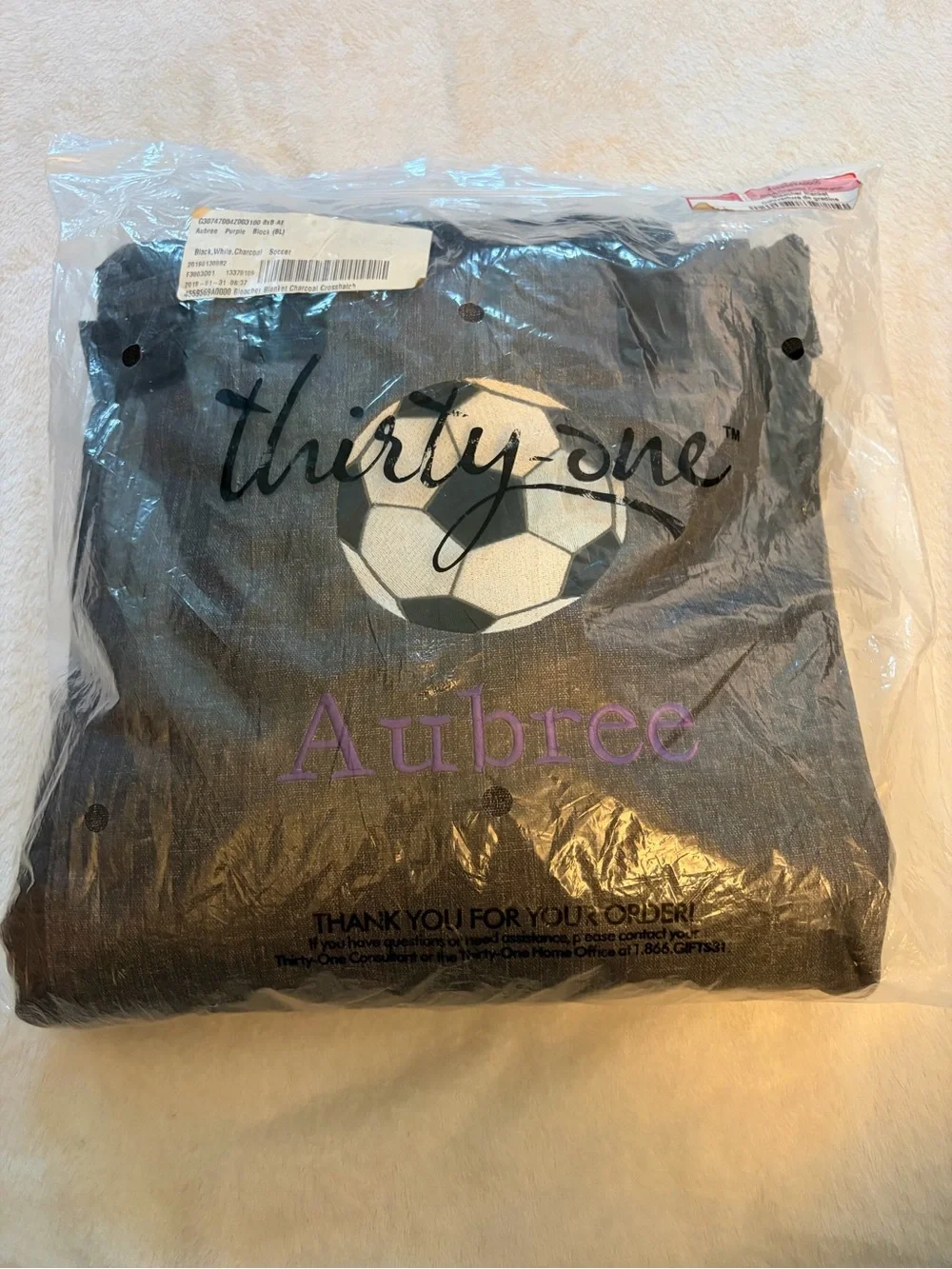 thirty-one Gray Soccer Embroidered Throw Blanket with Soccer Ball & Purple Name